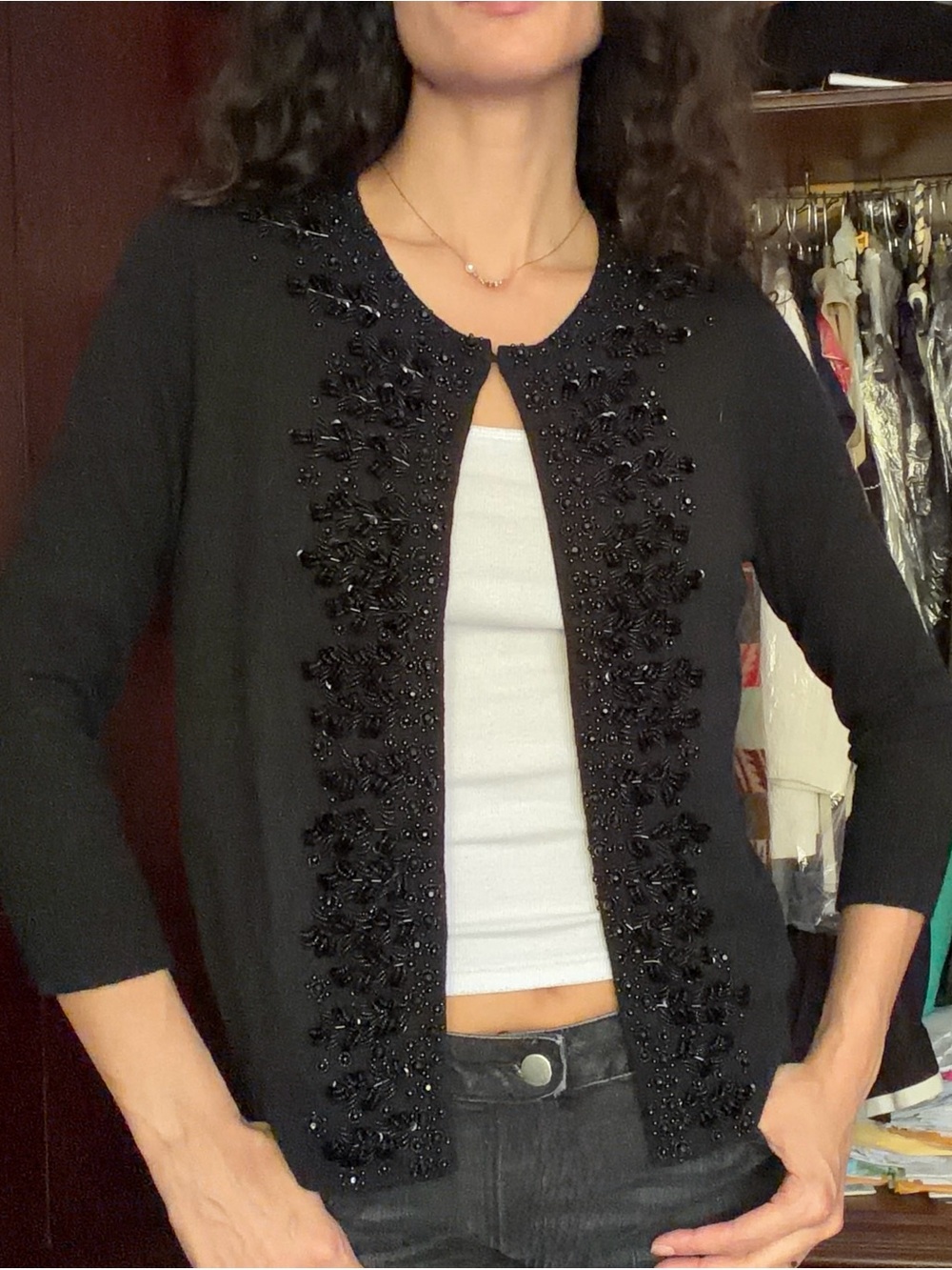 Talbots Black Beaded Open-Front Cardigan